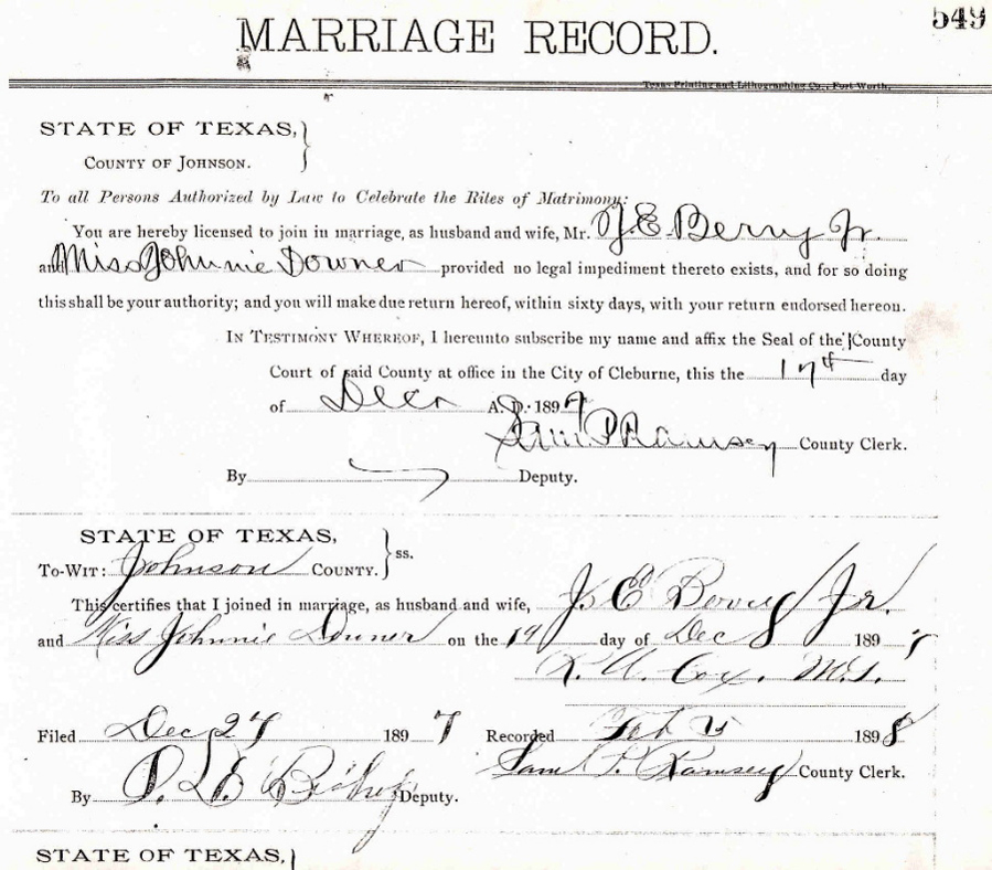 <miss johnnie downer J. E. Berry Jr marriage record state of texas county of johnson 1897>
