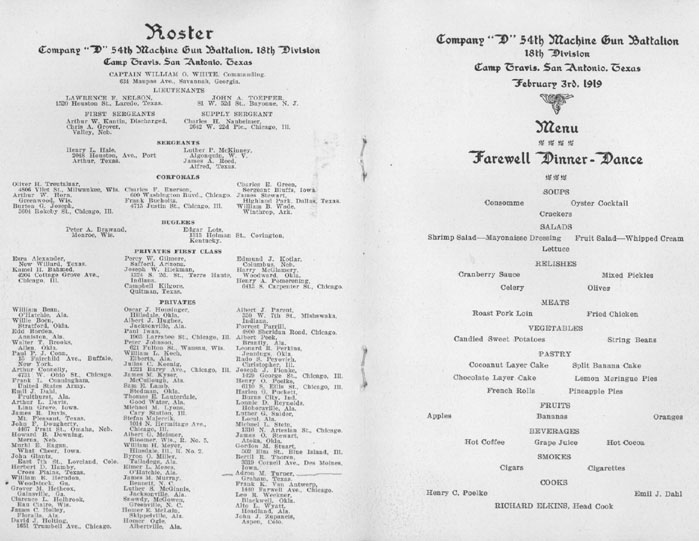 <company d 54th machine gun battalion 18th division Camp Travis, San Antonio, Texas Feburary, 3rd, 1919>