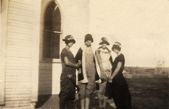 <Four Ladies at Church. May be Pauline Downer on Left and Johnie on the Right>