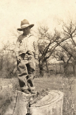 <Little Cowboy standing on a tree stump restored by terry>