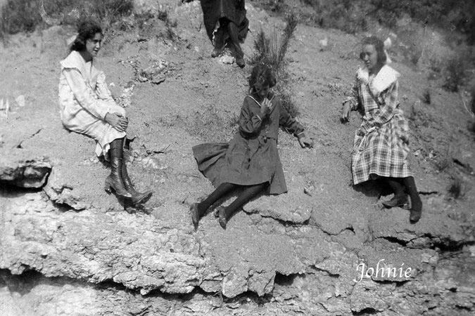 <Three Friends ~ Note similarity in dress: Black stockings – black shoes - long dresses - long sleeves - large collars - bows in hair. Photo was probably made on Sunday after church.>