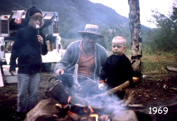 <colorado camping 1969 camp fire marshmellows fishing pole camper shell copper bottom pot from weldon and pat jones funny straw hat>