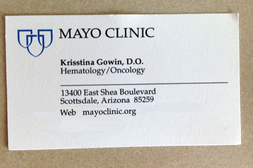 <mayo doctor business card krisstina gowin oncology>