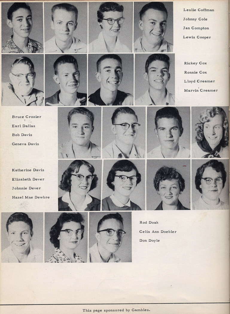 <el portal juniors 1955 leslie coffman johnny cole jan compton lewis cooper, rickey cox, ronnie cox, lloyc creamer, marvin creamer, bruce crozier earl dallas bob davis geneva davis, katherine davis elizabeth vever johnnie deaver, hazel mae dewbre, rod doak, celia ann doebler, don doyle this page sponsored by gambles..>