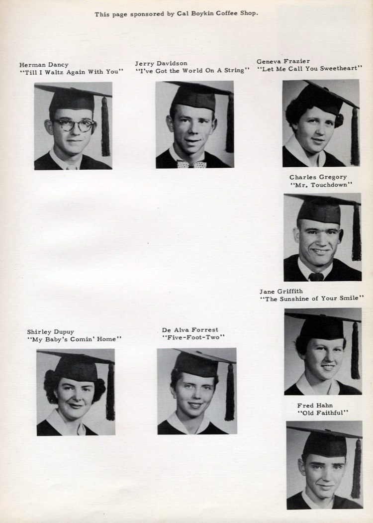 cal boykin coffee shop heran dancy till i waltze again with you jerry davidson i've got the world on a string geneva fraizer let me call you sweetheart charles gregory mr. touchdown jane griffinth the sunshine of our smile shirley dupuy my baby's comin' home de alva forrest five-foot-two fred hahn old faithful portales high school portales new mexico nm 1957