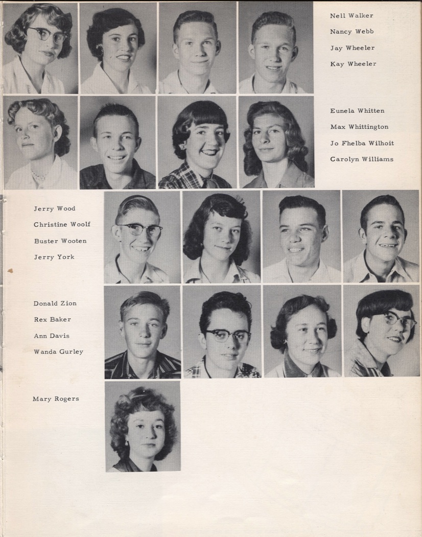 nell walker nancy webb jay wheeler kay wheeler euela witten max whittington jo fhelba wilhiot carlolyn williams jerry wood christine woolf buster wooten jerry york donald zion rex baker ann davus walda gurley mary rogers portalse high school 1955 sophomores.