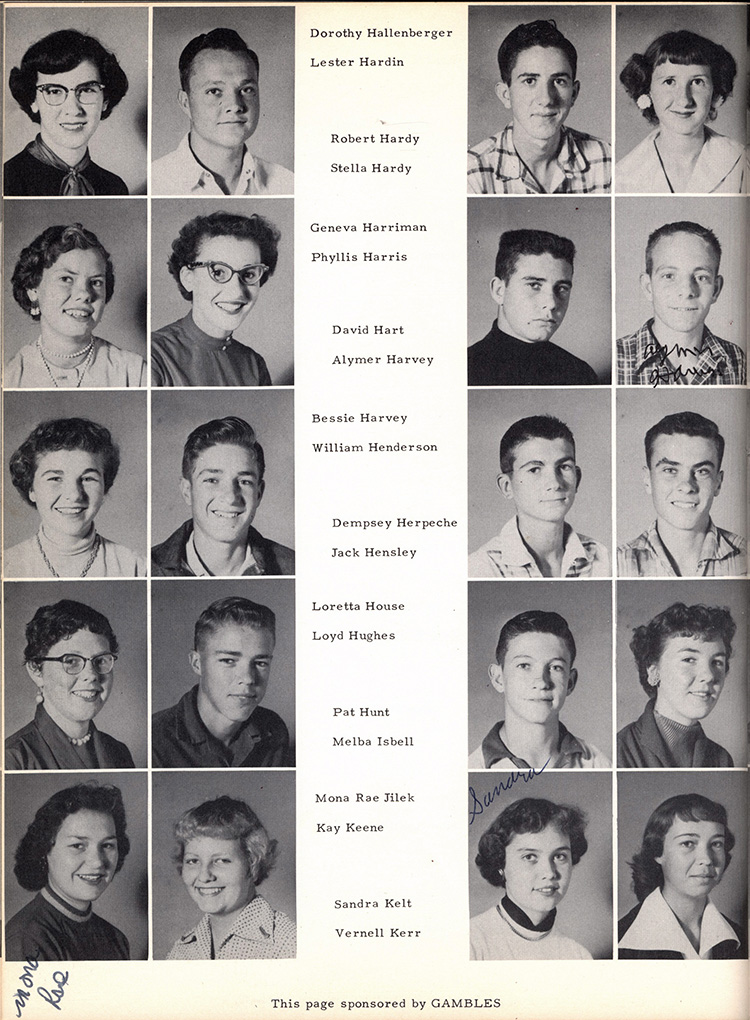 <Dorthy Hallenburger Lester Hardin Robert Hardy Stella Hardy Geneva Harriman Phyllis Harris David Hart alymer Harvey Bessie Harvey William Henderson Dempsey Herpeche Hack Hensley Loretta House Loyd Hughes Pat Hunt Melba Isabell Mona Rae Jilek Kay Keene Saldra Kelt Vernell Kerr>