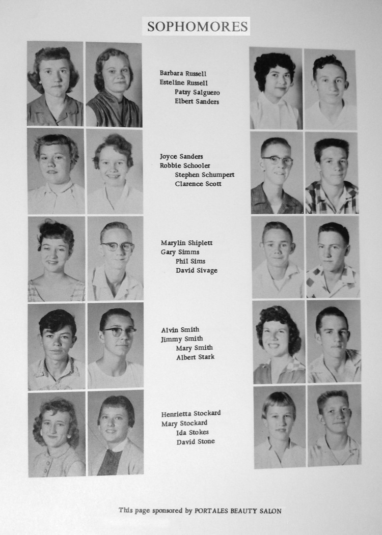 elbert sanders joyce sanders robbie schooler stephen schumpert clarence scott marylin shiplett gary simms phil sims david savage alvin smith jimmy smith mary smith albert stark henrietta stockard mary stockard ida stokes david stone this page sponsored by portales beauty salon sophomores kaaren stratton dan teel bobby terry keith 